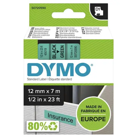 Dymo taśma do drukarek etykiet, D1 45019 biały/zielony 7m/12mm